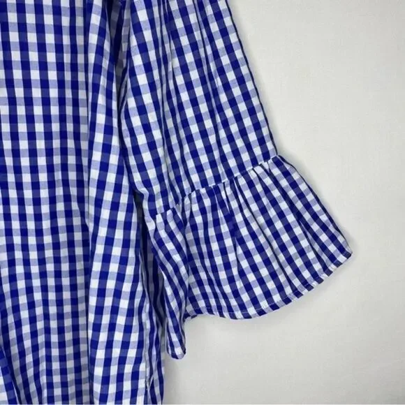 Avon Signature Collection Blue White Gingham Plaid Floral Embroidered V Neck S - Picture 7 of 11
